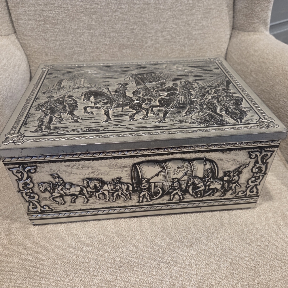 Vintage Scholler 3D Embossed Metal Tin 1950s Silvertone Hinged Cookie Box
